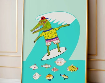 Surfen Art Print - De coolste kunst voor kinderkamer en kinderkamer - Boy Surf Art Print - Surfer Poster Illustratie voor kinderen