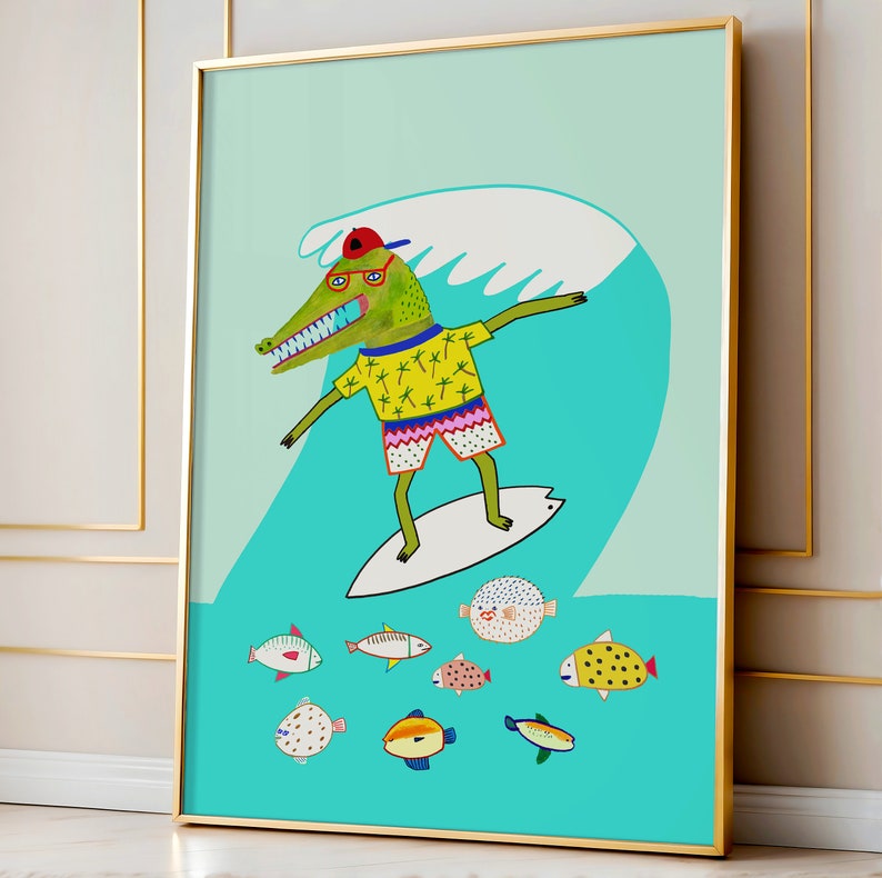 May include: A green crocodile wearing a red hat, sunglasses, and a yellow shirt with palm trees printed on it, is riding a surfboard on a turquoise wave.  There are several colorful fish swimming below the wave.