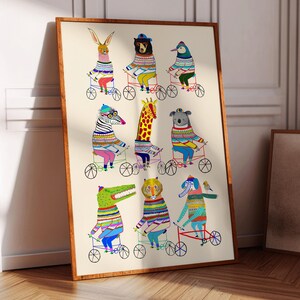 Lámina artística de motociclistas, arte mural infantil, regalo para niños, impresiones coloridas y brillantes, decoración infantil, niños y niñas, ilustración, animal, bicicletas