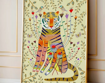 Reproduction d'art tigre sauvage pour salle de jeux d'enfants - Décoration murale animal pour chambre de bébé et de bébé - Reproductions d'art de la jungle - Illustration tendance