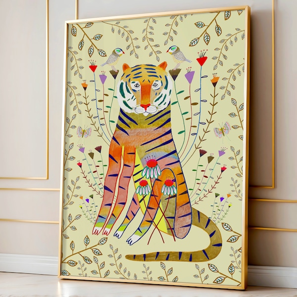 Wilder Tiger-Kunstdruck für das Kinderspielzimmer – Tier-Wanddekoration für Kinderzimmer und Babyzimmer – Dschungel-Kunstdrucke – trendige Illustration