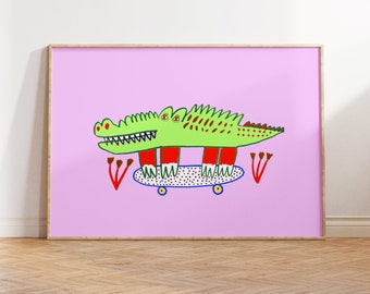 Crocodile Art Print For Children - Nursery Room - Baby Shower - Pink Print - Cute -Toddler - Kids Room Decor - Skateboarding - Illustration