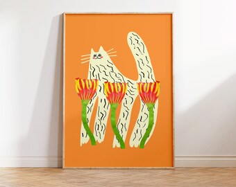 Kätzchen und Tulpen. | Kunstdruck | Illustration | Geschenkidee | Katze Kunstdrucke.