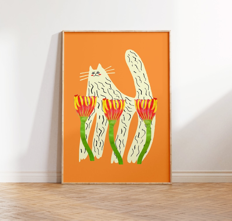 Kitty and Tulips. Art Print Illustration Gift Idea Cat Art Prints. image 1