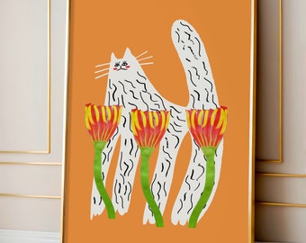 Kitty and Tulips | Art Print | Illustration | Gift Idea | Cat Art Prints - Home Decor - For Her