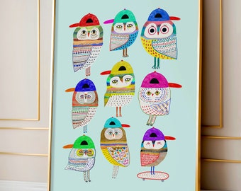 Owl Dudes Art Print - Cool Trendy Wall Decor for Children, Toddlers, Kids and baby Nursery - Home Decoration Illustration Drawing Artwork