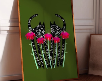 Black Cats | Art Print | Home Decor | Gift For Her | Floral Wall Illustration |  Flowers | Housewarming