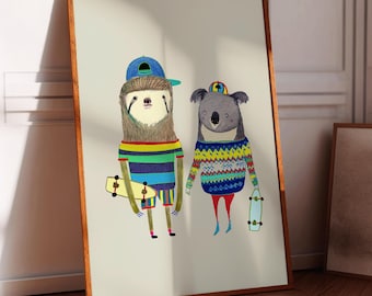 May include: A framed illustration of a sloth and a koala wearing colorful clothing and holding skateboards. The sloth is wearing a blue and yellow striped shirt, a blue hat, and yellow shorts. The koala is wearing a red and blue sweater with a yellow, blue, and green pattern, a red hat, and red pants.