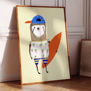 Lámina de perezoso surfista, arte mural infantil, regalo para niños, impresiones coloridas y brillantes, decoración infantil, niños y niñas, ilustración, animal, surf