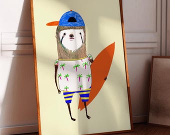 Surfer Sloth Art Print, Kids Decor, Children's Playroom, Birthday Gift, Surfing Wall Illustration