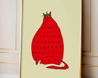 Strawberry Cat Art Print For Her - Cute Fruity Red Cat Illustration Wall Decor - Trendy Wall Art Prints For Girls Birthday - Home Decoration