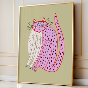 Pink Cat Art Print For Her - Cute and Colorful Illustration Poster - Wall Decoration For Entryway, Living Room, Bedroom, Home Warming Gift