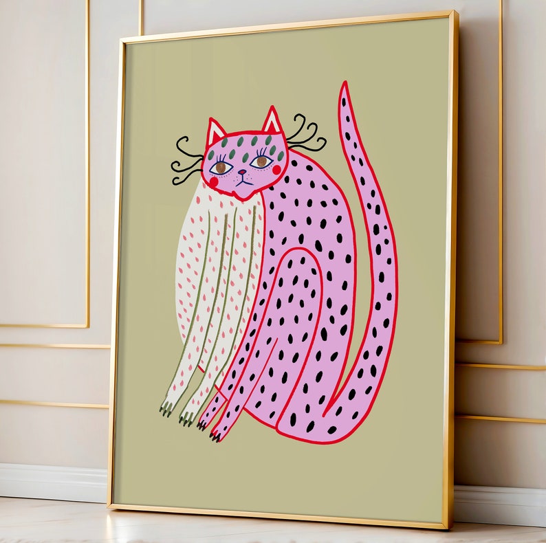 Pink Cat Art Print For Her Cute and Colorful Illustration Poster Wall Decoration For Entryway, Living Room, Bedroom, Home Warming Gift image 1