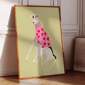 Cute Greyhound Art Print, Dog Home Decor for House Warming, Living Room, Bedroom, Kitchen, Entryway, Office, Girls, Illustration, Hearts