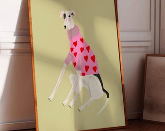 Cute Greyhound Art Print, Dog Home Decor for House Warming, Living Room, Bedroom, Kitchen, Entryway, Office, Girls, Illustration, Hearts