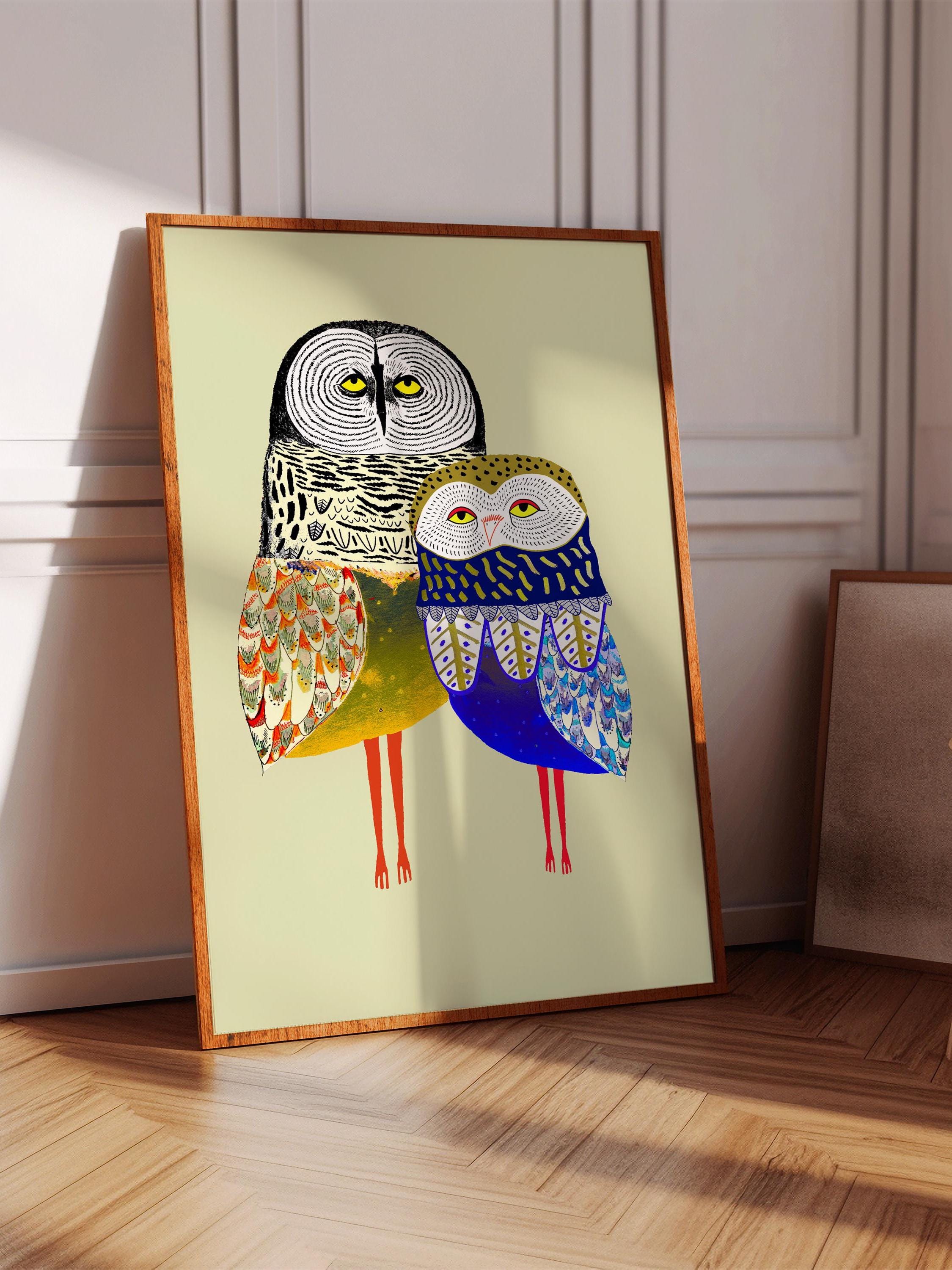 Whimsical Owl Couple Art Print, Unique Home Decor, Illustration