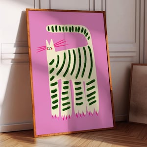 White Cat Art Print: Home Decor For Bedroom, Kitchen, Dining Room, Housewarming, Her Birthday, Girls Christmas, Bright, Colorful, Pink