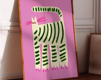 White Cat Art Print, Home Decor, Gift for Her, House Warming, Pink Illustration, Wall Decoration, Modern, Girls
