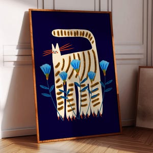 Cat and Flowers Art Print, Whimsical Home Decor and Gifts