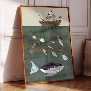 May include: A framed illustration of a person in a boat fishing with a whale and fish swimming below. The person is wearing a sweater and a hat. The boat is brown and the whale is blue and white. The fish are various colors and shapes. The background is a green watercolor wash.