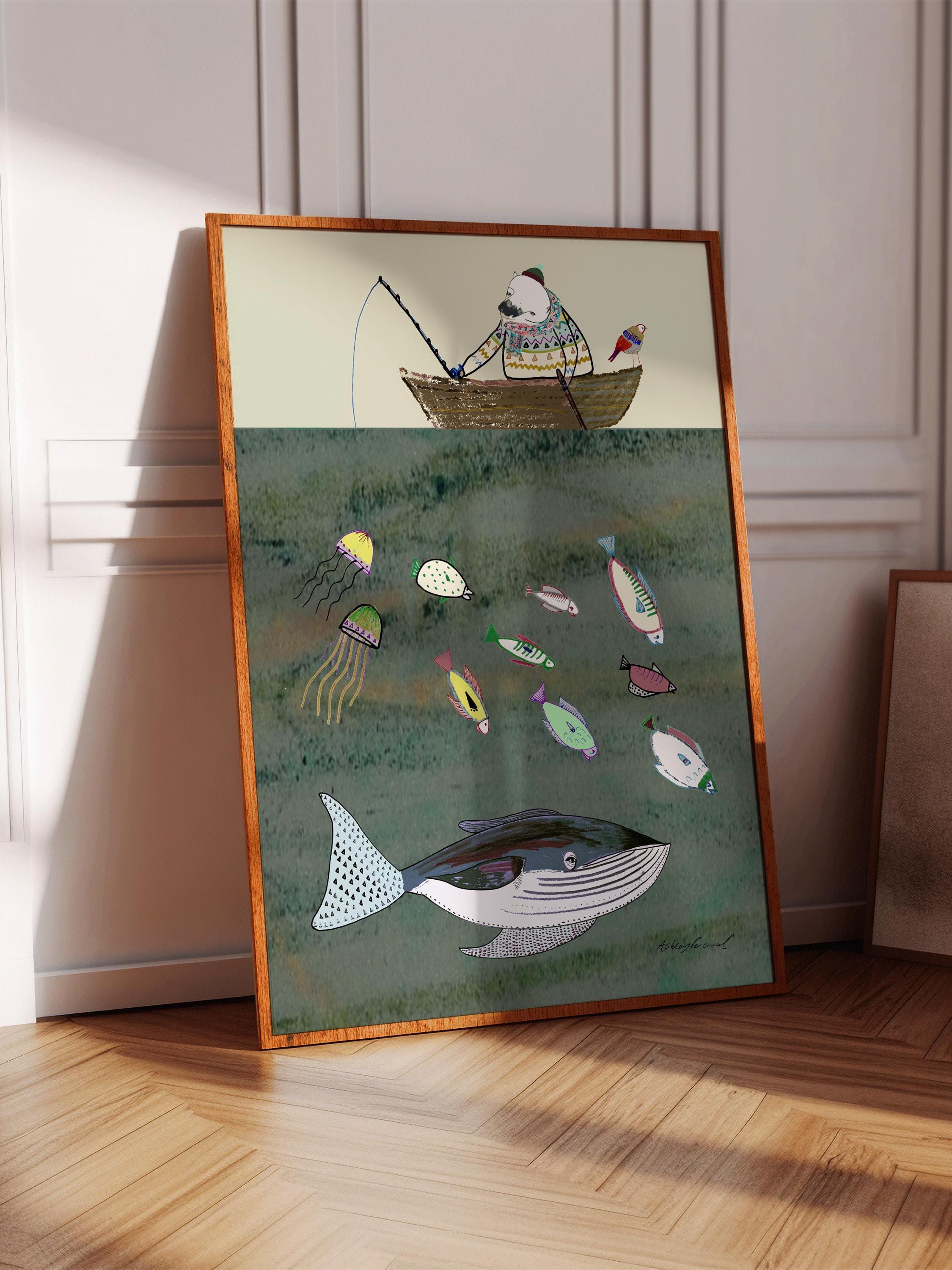 Bär beim Fischen, Art Print, Kinderzimmer Wand Dekor, Wal Illustration, Kinder Weihnachtsgeschenk