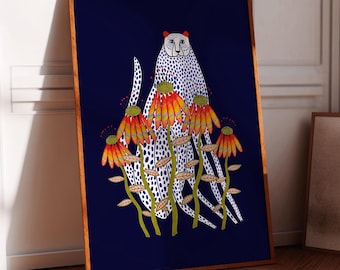 May include: A white cheetah with black spots stands in a field of orange and yellow flowers with green stems against a dark blue background. The cheetah is stylized and has a simple, cartoon-like design.