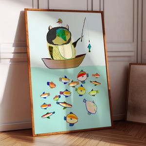 Vissende beer Art Print, kinderkamer kunst aan de muur, cadeau voor kinderen, heldere kleurrijke prints, babydecor, jongens en meisjes, illustratie, vis