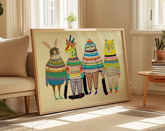 Skater Animals Art Print, Kids Wall Decor, Children's Room, Birthday Gifts, Christmas, Bright Colorful Animal Artwork, Boys/Girls Nursery
