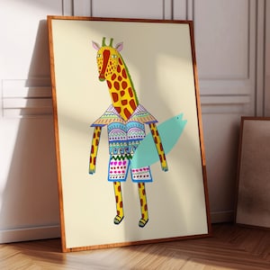 Lámina de jirafa surfista, decoración de pared para niños, póster de surf genial, ilustración de animales, arte para niños, regalo de cumpleaños para niños, colorido
