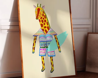 May include: A framed illustration of a giraffe wearing a colorful patterned shirt and shorts, holding a blue surfboard. The giraffe has a yellow and orange spotted pattern.