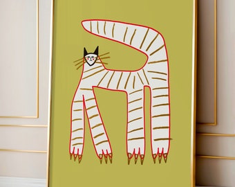 Cat Art Print - Gold Striped Cat Poster For Living Room and Bedroom - Home Decoration Gift For her - House Warming Gifts - Cat Illustration