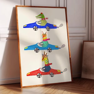 Cute Cars Art Print, Kids Decor For Boys Room - Baby Shower, Animal Poster, Children's Gift Idea, Fun and Colorful Playroom, Nursery
