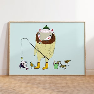 The Fishing Bear. Kids decor nursery prints art print for children fishing illustration art fishing art. image 1