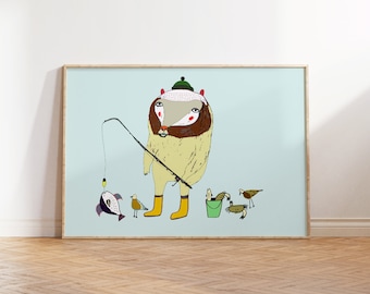 The Fishing Bear. Kids decor- nursery prints - art print for children - fishing - illustration art - fishing art.