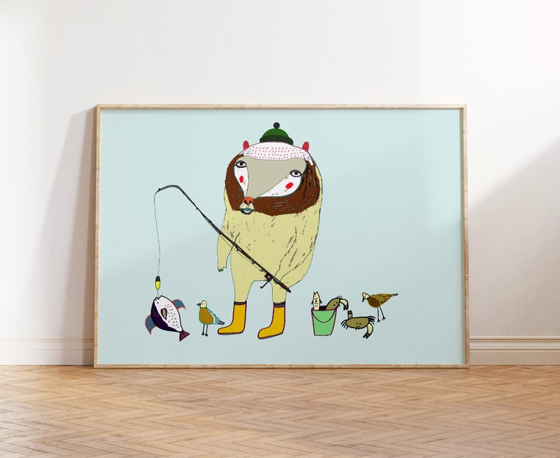 The Fishing Bear. Kids decor nursery prints art print for children fishing illustration art fishing art. imagem 1