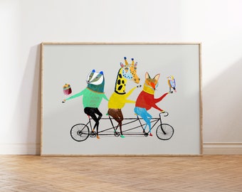 Tandem Animals Art Print For Nursery and Kids Wall Decor - Biking Illustration For Playroom