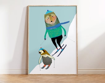 Skiing Art Print For Nursery and Kids Playroom - Cute Animals Skiing Wall Decor - Gift for Children's Birthday - Skiing Illustration Art