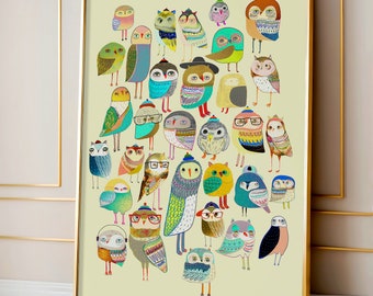 Owl Party Art Print For Children, Baby Room, Kids Walls and Nursery Decoration - Fun and Colorful Artwork Poster For Infants - Cute Decor