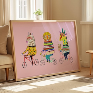 Amigos ciclistas, arte de pared para niñas, estampados de animales, decoración de guardería, póster de bicicleta para niños, regalos de cumpleaños y baby shower, obra de arte rosa, linda