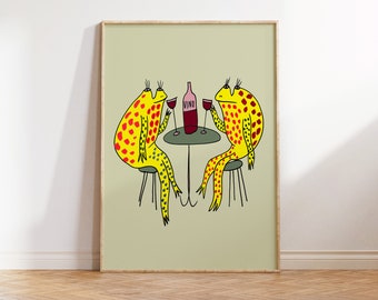 Red Wine Drinking Frogs Art Print - Wine Artwork - Alcohol - Restaurant Decor - Kitchen Art - Bar Art - Vino - Funny