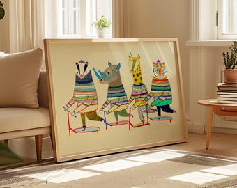 Quadro decorativo infantil "Cute on Scooter", ideal para parede ou quarto de brinquedos. Ilustração vibrante e colorida, perfeita para presentear meninos e meninas em aniversários e no Natal.