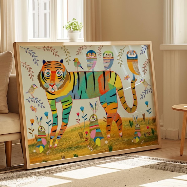 Puede incluir: Una ilustración colorida de un tigre con una cola rayada, de pie en un campo de flores y rodeado de búhos y pájaros. El tigre está pintado en tonos de verde, naranja, amarillo y azul.