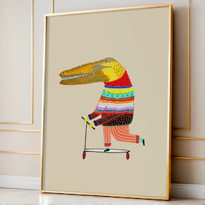 Impresión artística de cocodrilo en scooter, decoración infantil genial, arte de pared para niños, póster brillante y colorido, moderno, regalo de cumpleaños para niños, guardería
