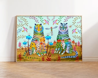 Tigers Together in Nature. Art Print - Home Decor - Wall Art - Nursery Decor - Tiger Print for Kids.