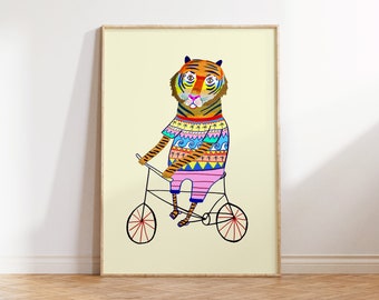 Summer Time Tiger On Bike. Art Print For Kids and Nursery Rooms.