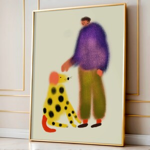 Man and Dog Character Illustration Art Print For Home Decor Trendy Wall Decoration For Him and Her Kitchen, Bedroom, Living Room Poster image 1