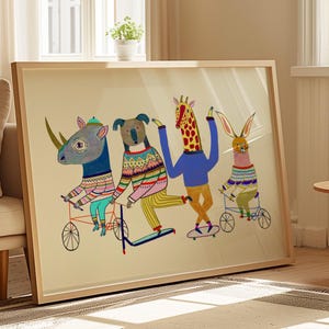 Lámina artística Fun Day, arte de pared para niños, regalo para niños, impresiones de colores brillantes, decoración de guardería, niños y niñas, ilustración, animal