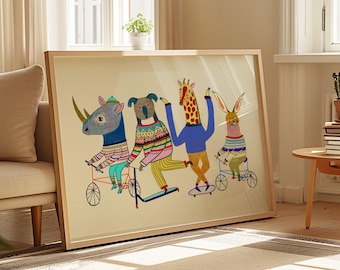 Fun Day Art Print, Kids Wall Art, Gift for Children, Bright Colorful Prints, Nursery Decor, Boys and Girls, Illustration, Animal