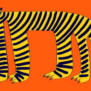 May include: A stylized illustration of a long-bodied creature with yellow fur and dark blue stripes against a solid orange background. The creature has a small head with a grumpy expression, four long legs, and a tail, all covered in dark blue stripes.