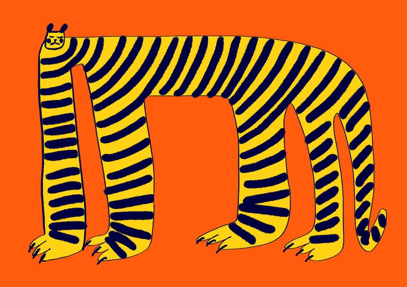 May include: A stylized illustration of a long-bodied creature with yellow fur and dark blue stripes against a solid orange background. The creature has a small head with a grumpy expression, four long legs, and a tail, all covered in dark blue stripes.